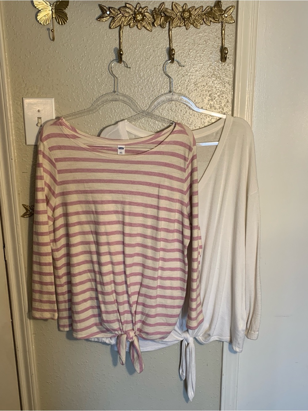 Old Navy Women's Long-Sleeve Tie-Front Tops - Light Purple Stripe & White
